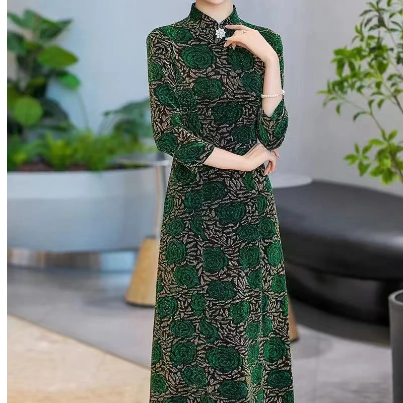 金绣玫瑰，秋款旗袍裙高端优雅新中式中袖气质国风显瘦妈妈连衣裙