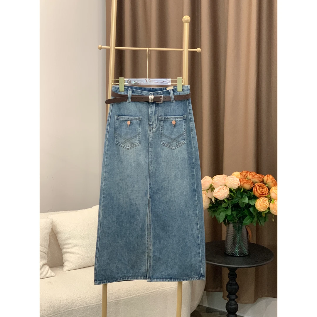 2025复古蓝开叉牛仔裙女高腰显瘦a字显瘦半身裙小个子裙子5102-2