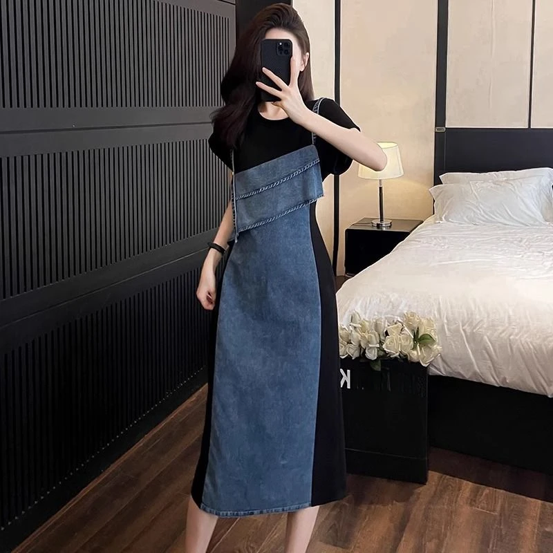 怀旧港风复古短袖连衣裙女2024夏新款设计感拼接假两件牛仔背带裙