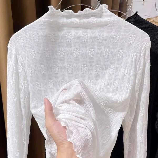 半高领蕾丝打底衫女秋冬2024新款洋气小衫毛衣内搭时尚纱衣女上衣