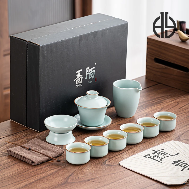 高端汝窑功夫茶具套装家用陶瓷泡茶盖碗整套开片可养茶杯套组59