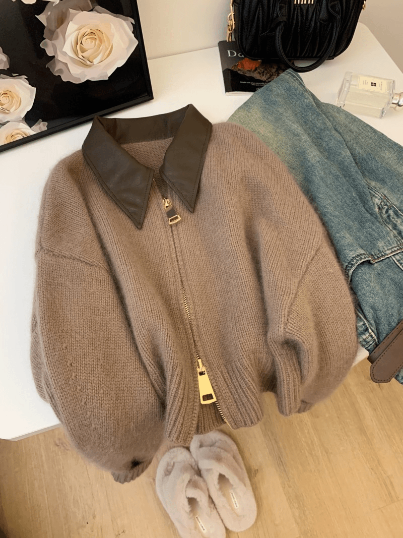 欧货高品质PU拼接皮翻领长袖拉链针织开衫宽松显瘦短款毛衣外套潮