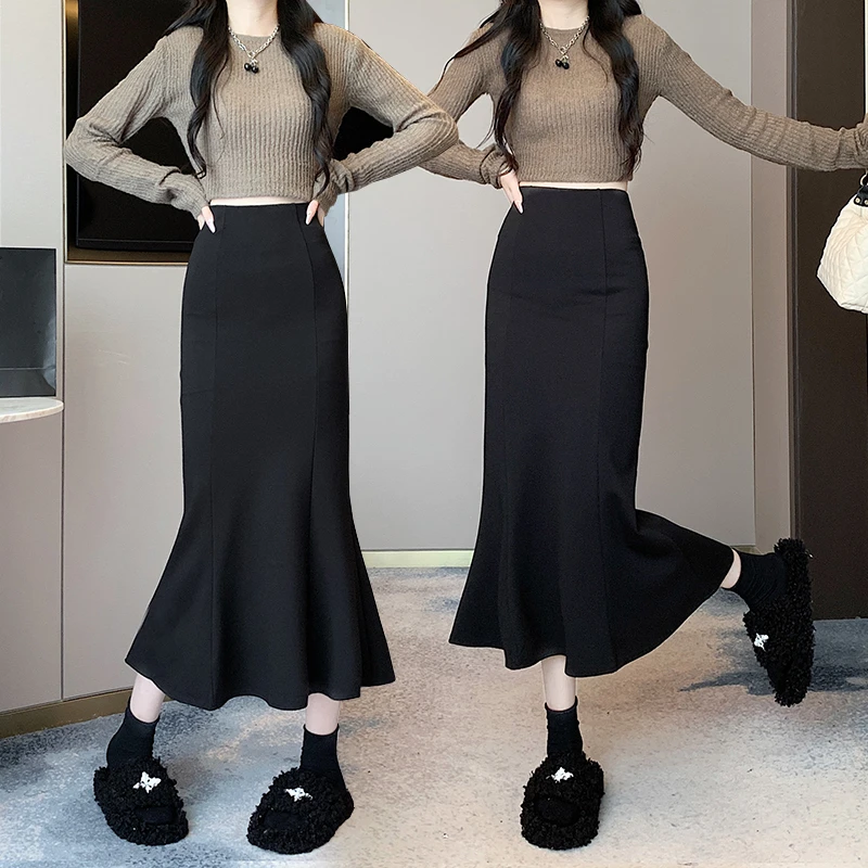 【裙长85cm】鱼尾裙黑色显瘦半身裙女高腰裙中长款修身鱼尾裙秋冬