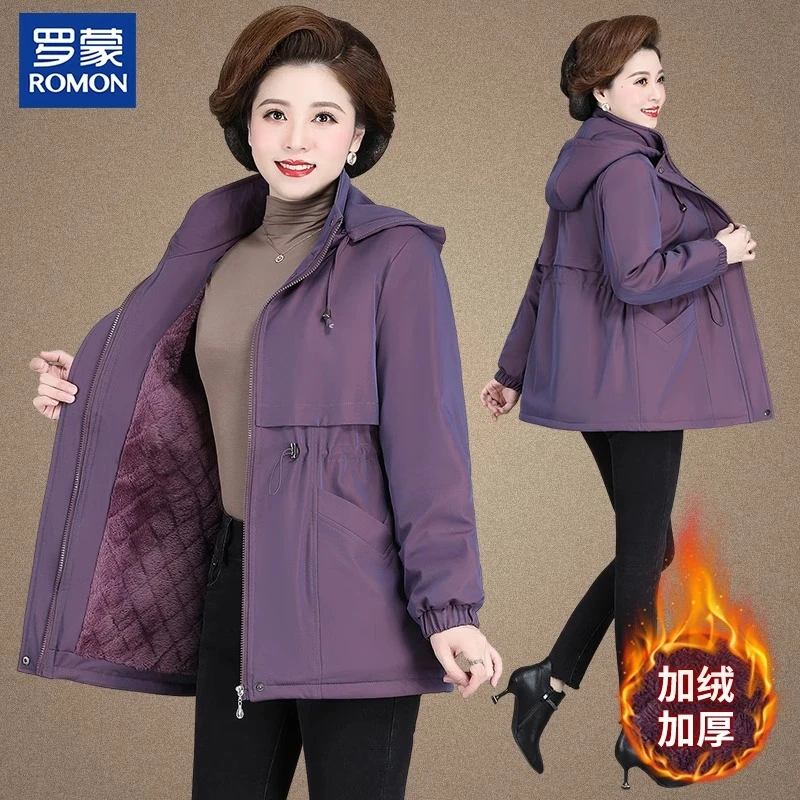 罗蒙妈妈装秋冬加绒加厚外套新款中年连帽棉袄中老年女冬保暖棉服