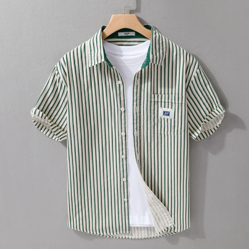 日系简约纯棉条纹短袖衬衫男士夏季薄款宽松休闲百搭青年帅气衬衣
