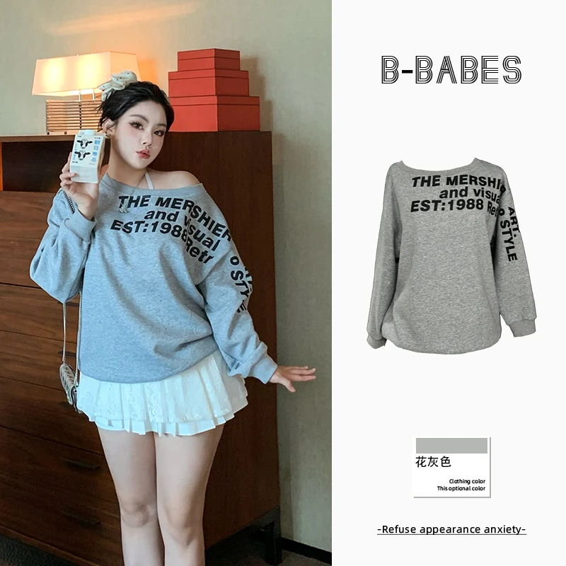 B-babes【字落香肩】大码慵懒风字母斜肩长袖卫衣宽松微胖显瘦上衣