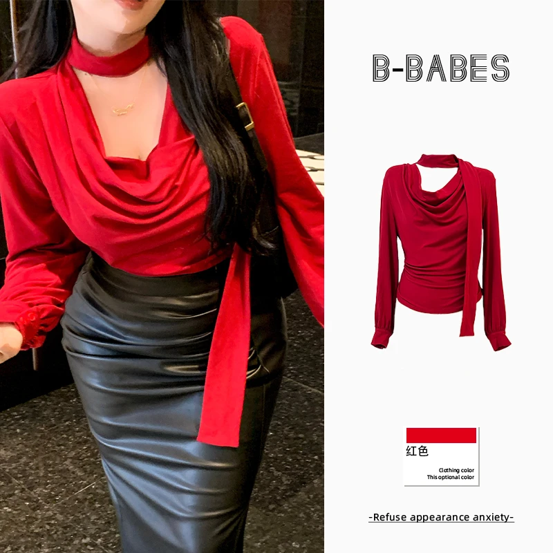 B-babes【达人专属】【风中寄语上衣】荡领挂微胖袖显瘦设计感上衣