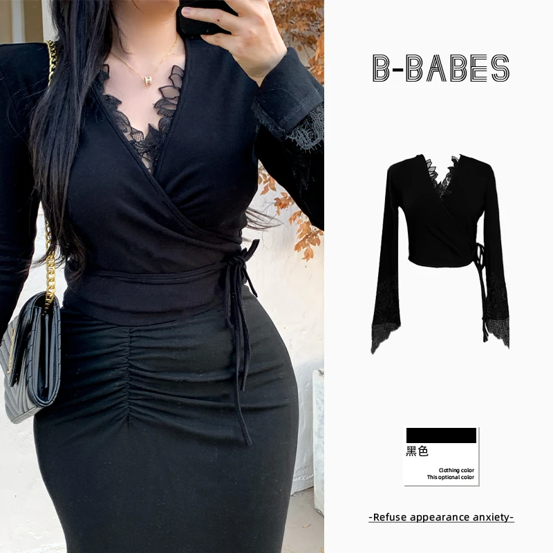 B-babes【花碎花】性感v领蕾丝长袖T恤修身辣妹短款内搭打底上衣