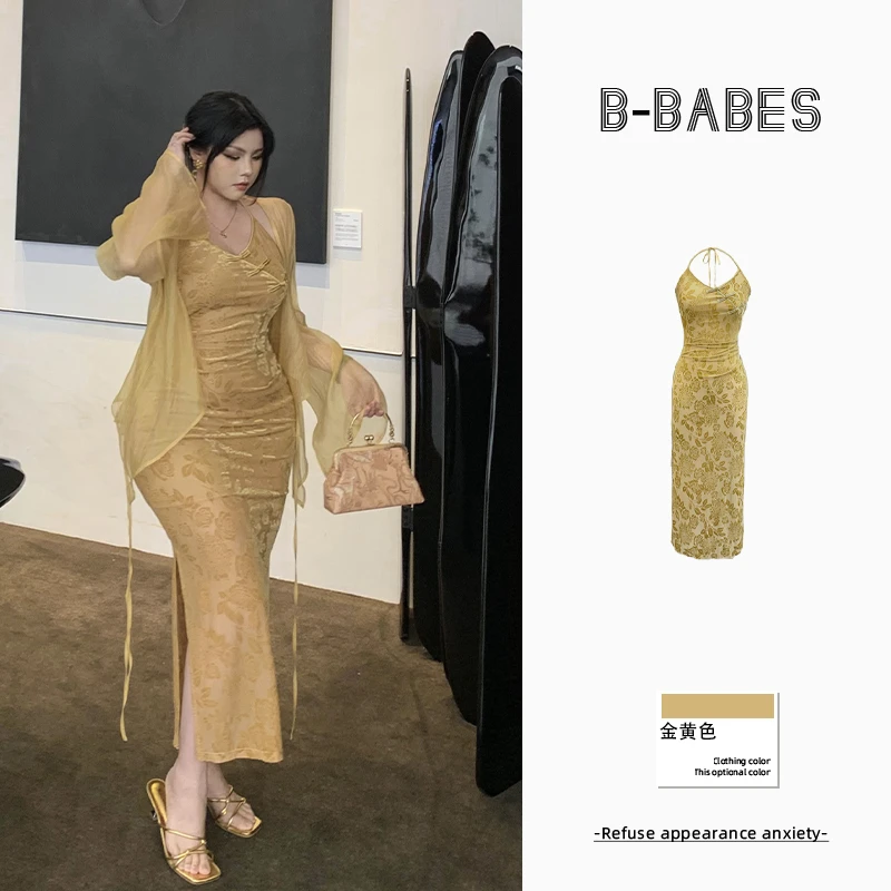 B-babes【十方陵镜】新中式国风改良旗袍挂脖裙微胖收腰吊带连衣裙