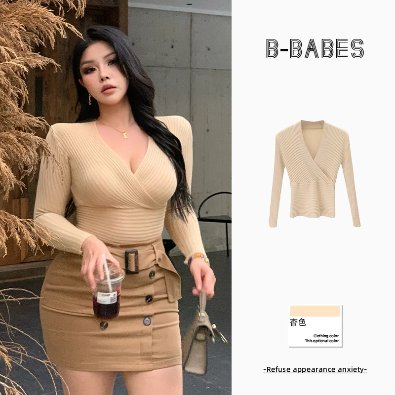 B-babes【梧桐叶】秋冬性感微胖收腰紧身螺纹交叉深v领上衣针织衫