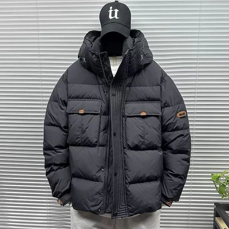 羽绒服男2023冬季新款宽松保暖防寒外套男士连帽短款面包服羽绒