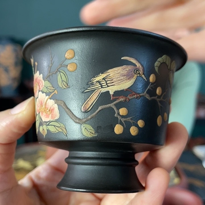 紫砂茶壶黑料彩绘杯100cc