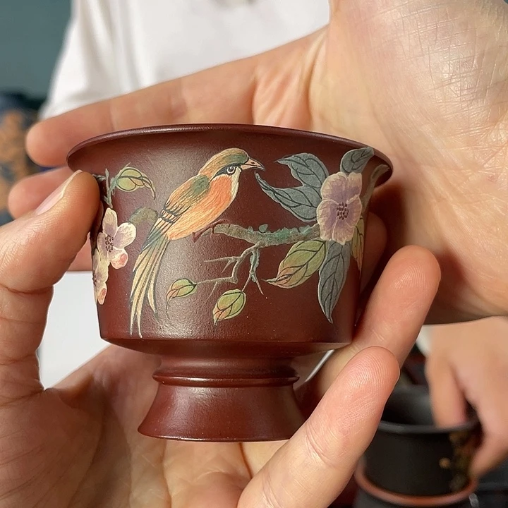 紫砂茶壶紫泥彩绘杯100cc
