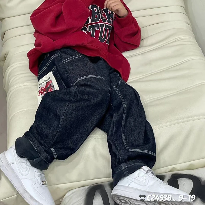 儿童男女童中大童牛仔裤子都市米果2024年冬季新款蓝兰原色宽松潮