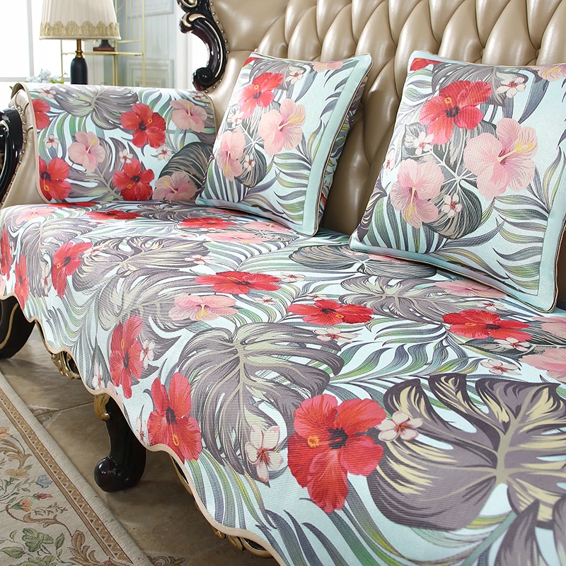 夏季冰丝沙发垫欧式真皮沙发巾专用套罩美式裙边垫子防滑坐垫定做