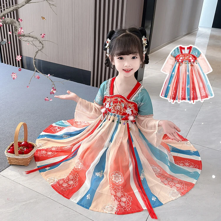 女童春夏季中国风汉服连衣裙2024新款小女孩超仙重工刺绣古风裙子