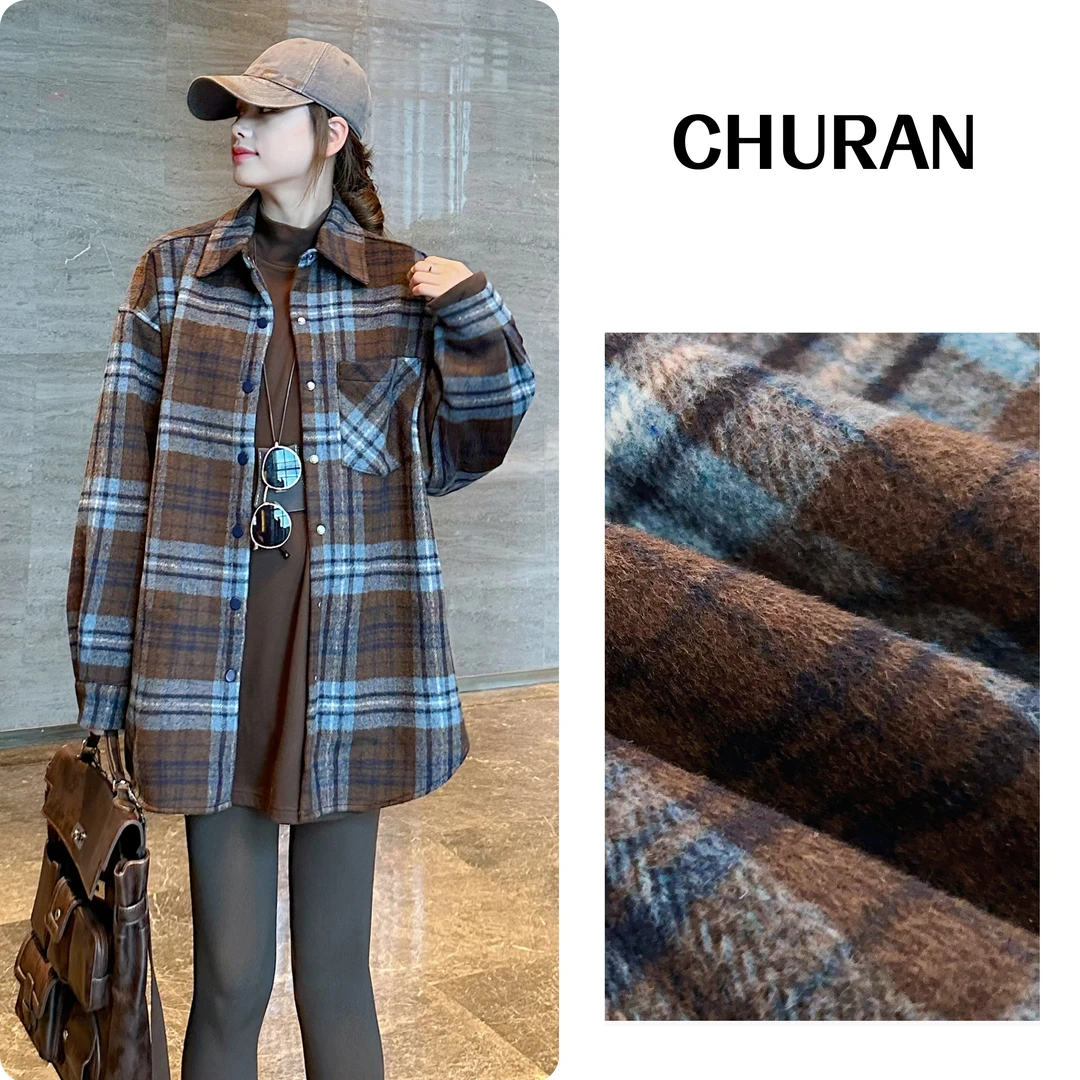 U.V.Y新款加绒加厚衬衫复古做旧港风休闲磨毛衬衣百搭长袖外套女