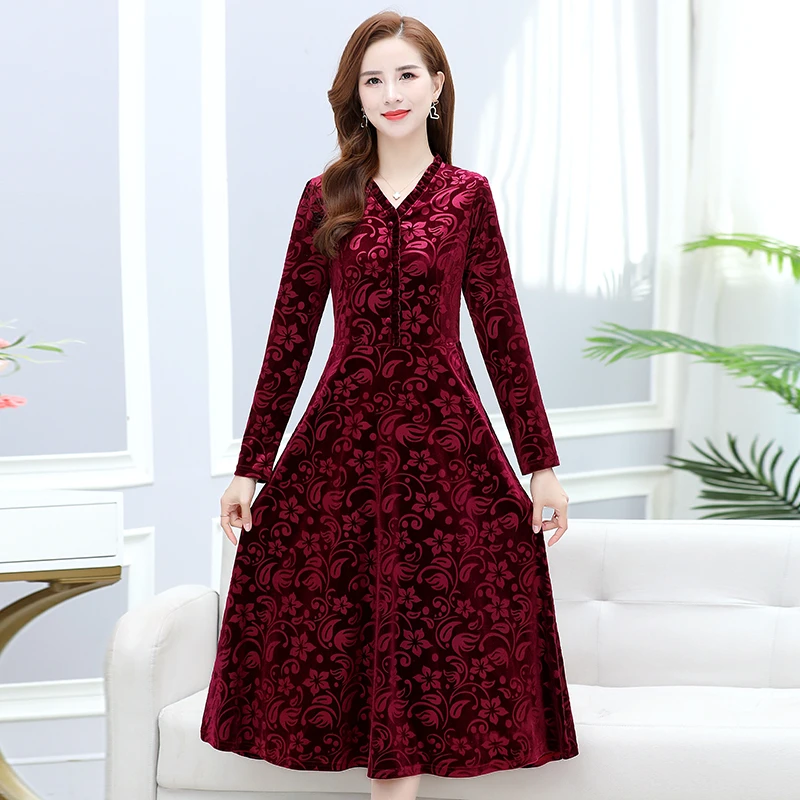秋季新款妈妈装长袖连衣裙时尚洋气中老年遮肉显瘦中长款大摆裙子
