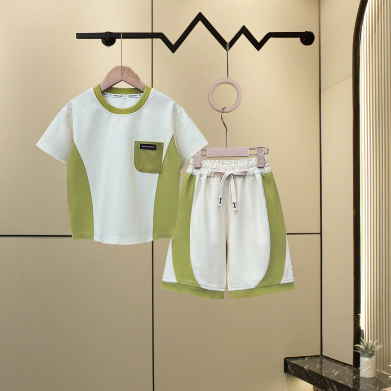 【欣欣专属】夏季新款儿童休闲运动男童女童中大童时尚拼接短袖套装