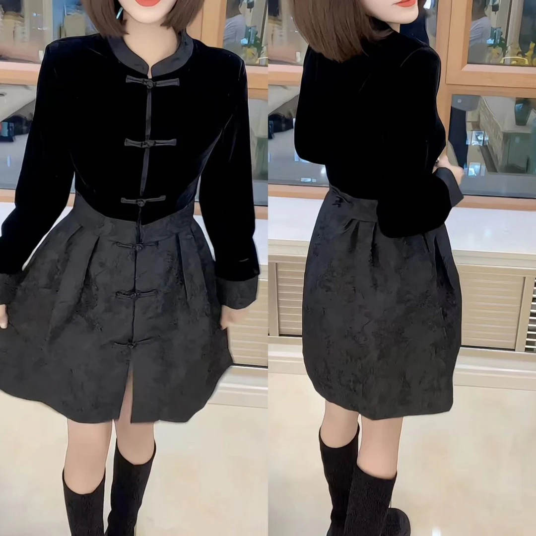 时尚复古显瘦气质提花秋冬连衣裙