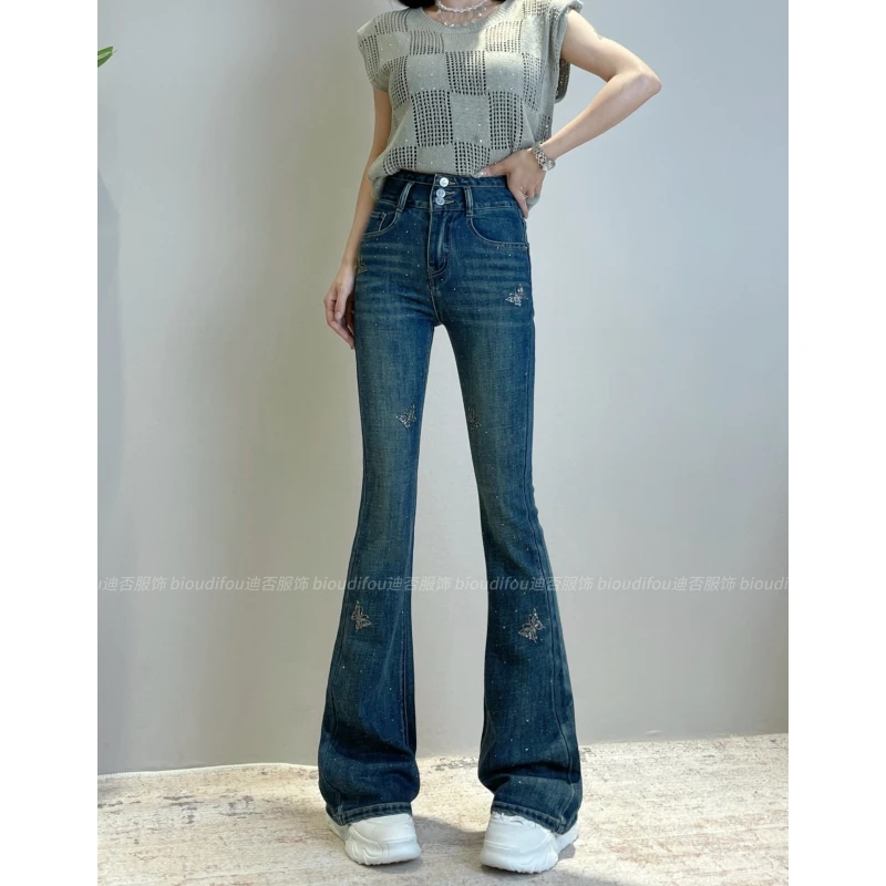 【迪否】重工烫钻喇叭裤爆款2025春季新款高腰修身微喇牛仔裤8954