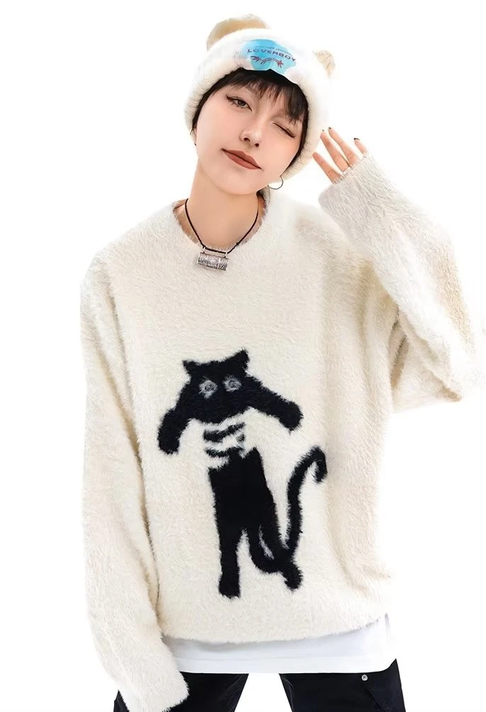 双面女神美式猫咪慵懒风宽松圆领毛衣女套头针织衫上衣长袖秋冬季