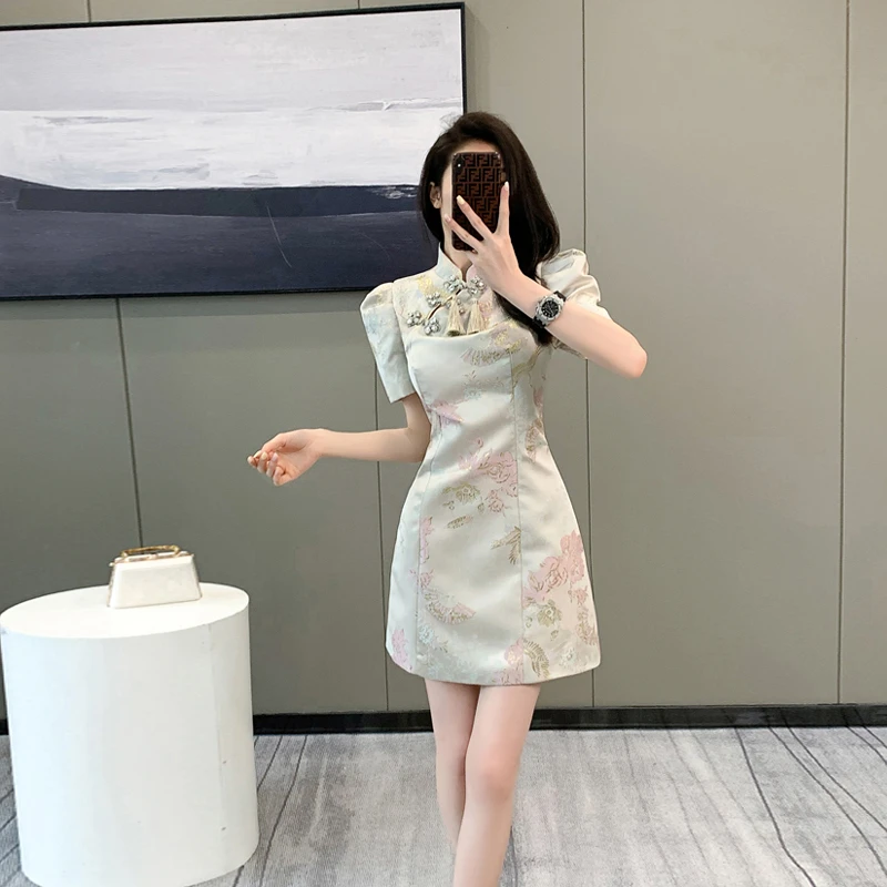 法式短款国风改良新中式连衣裙女装2024新款夏季裙子复古旗袍短裙