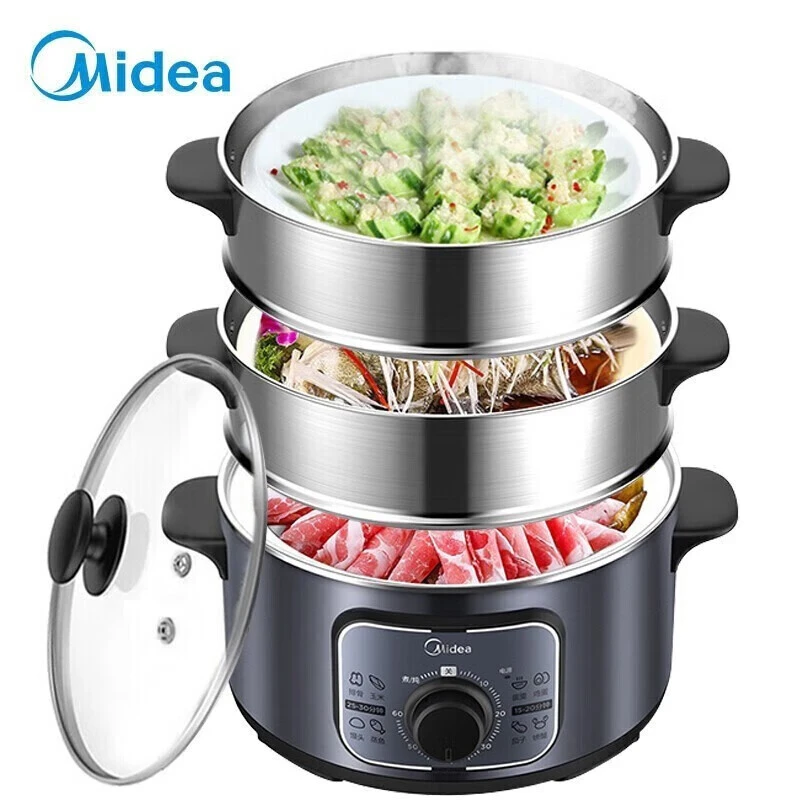Midea/美的家用电蒸锅多功能电煮锅三层大容量蒸煮锅不锈钢电热锅