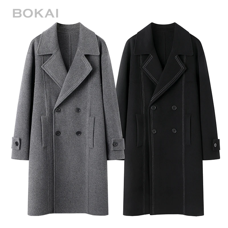 双面羊毛大衣男士中长款明线 潮流秋冬款潮流宽松显瘦毛呢外套