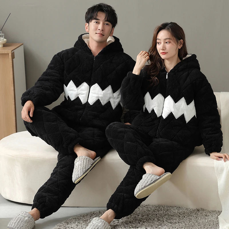 冬季三层夹棉保暖睡衣情侣居家服加绒加厚秋冬季套装23022