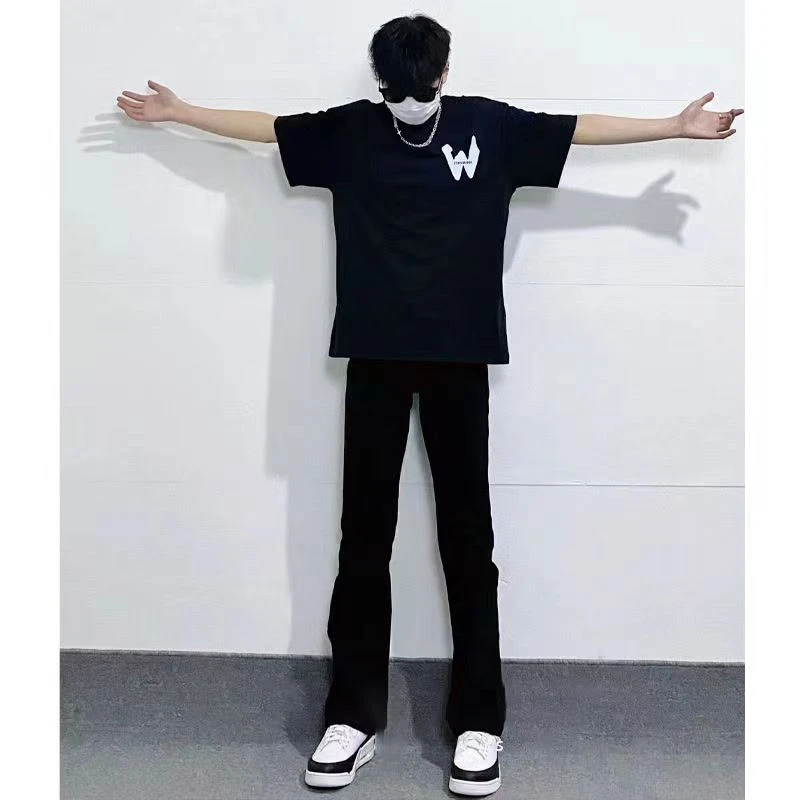 高腰牛仔裤男弹力修身微喇弯刀高街高个子美式vibe风裤子显瘦黑色