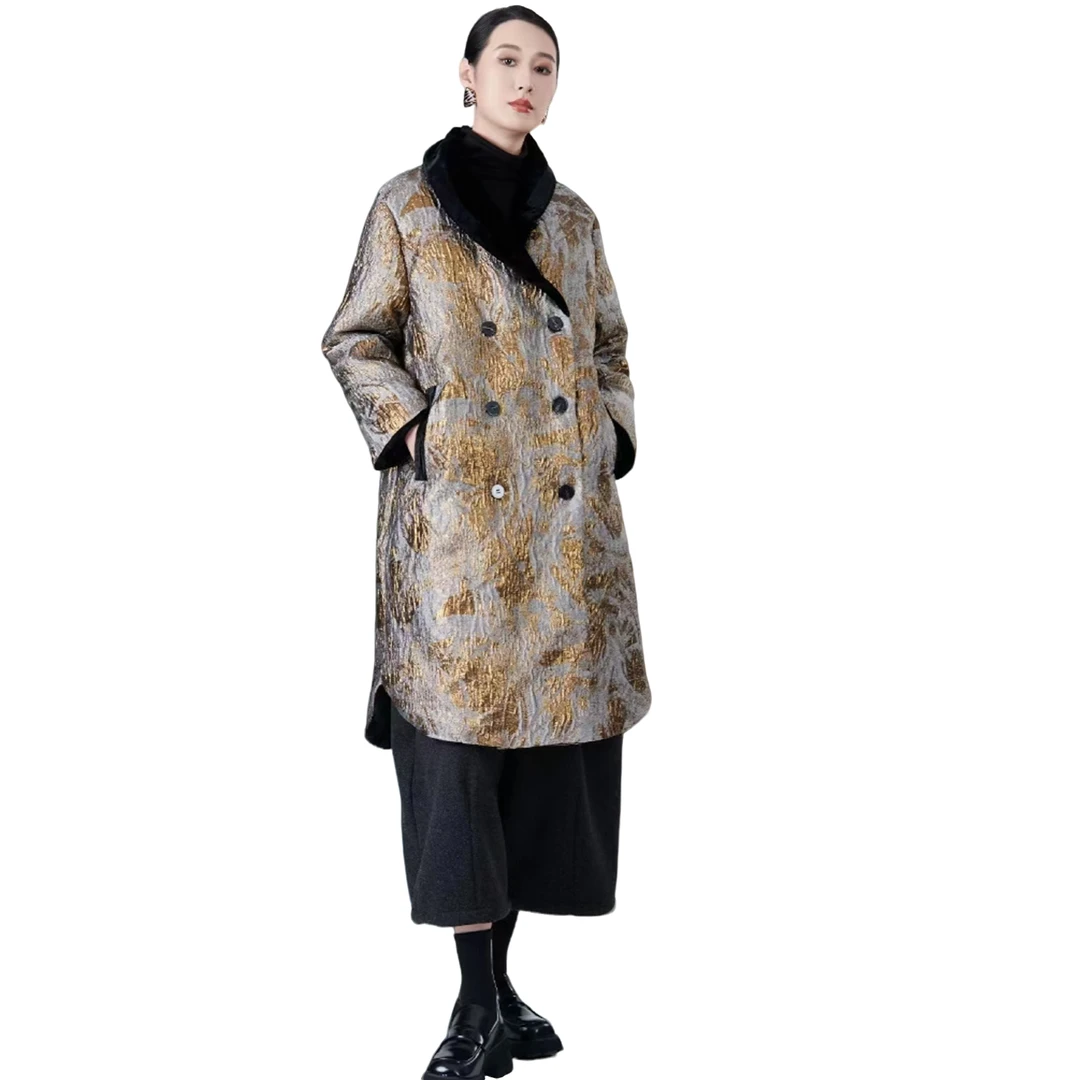 新中式中长款保暖羽绒服定制面料拼接领冬季时尚设计师复古印外套