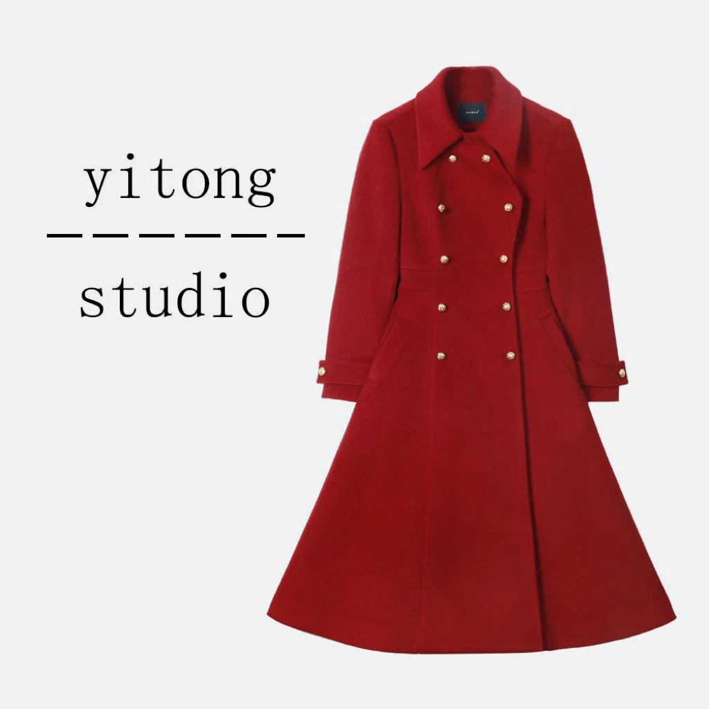 【一桐清仓】【红金玫瑰】气质双排扣翻领轻奢女士毛呢外套3DWXZ2225