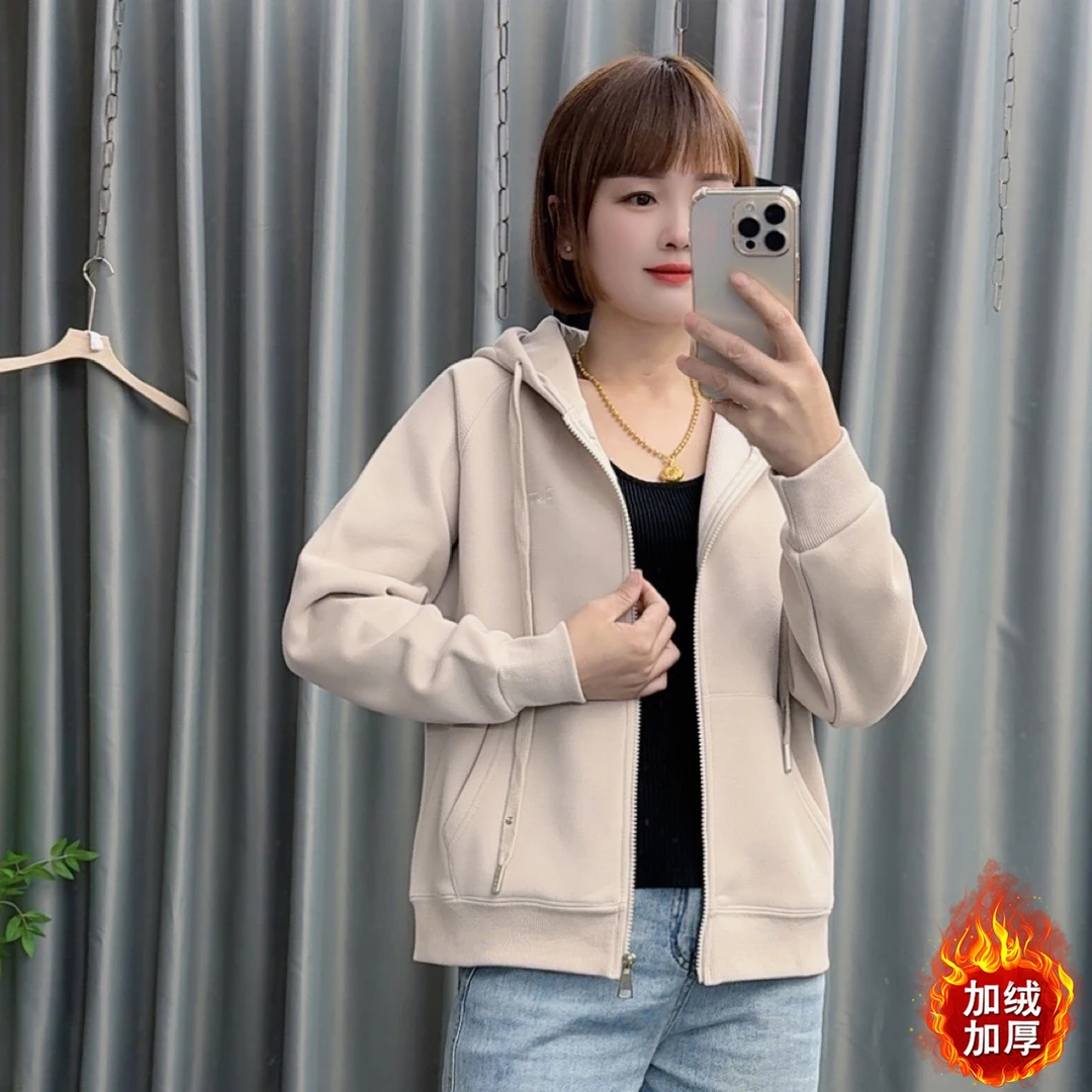 （断码清货加绒）刺绣保暖卫衣插肩袖连帽拉链外套开衫韩版女上衣