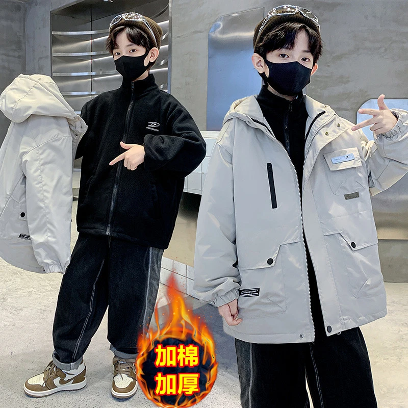 男童三合一冲锋衣外套秋冬装加厚夹棉中大童时尚帅气保暖儿童衣服