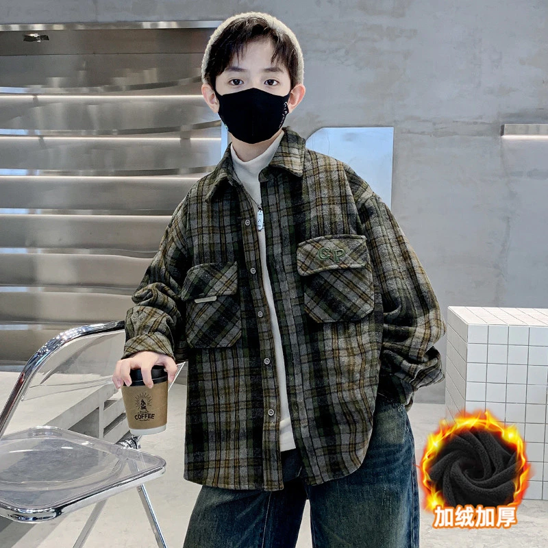 男童加绒加厚呢子衣外套秋冬短款中大童时髦帅气韩版格子儿童上衣