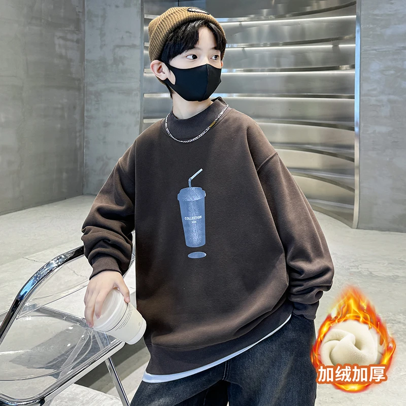 男童加绒加厚卫衣套头秋冬款中大童韩版帅气炸街网红打底衫儿童潮