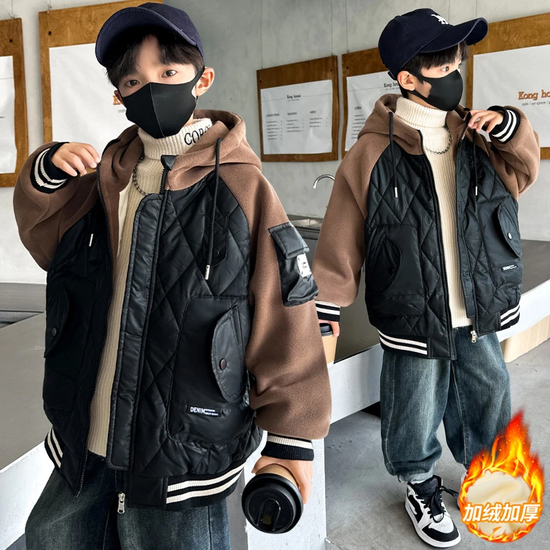 男童加绒加厚外套棒球服秋冬装中大童时髦帅气炸街网红儿童上衣潮