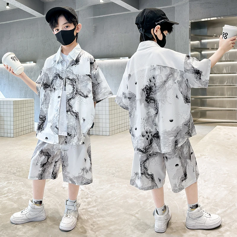 男童夏季的童装套装衬衫短袖中大童洋气网红炸街孩子儿童衣服潮流