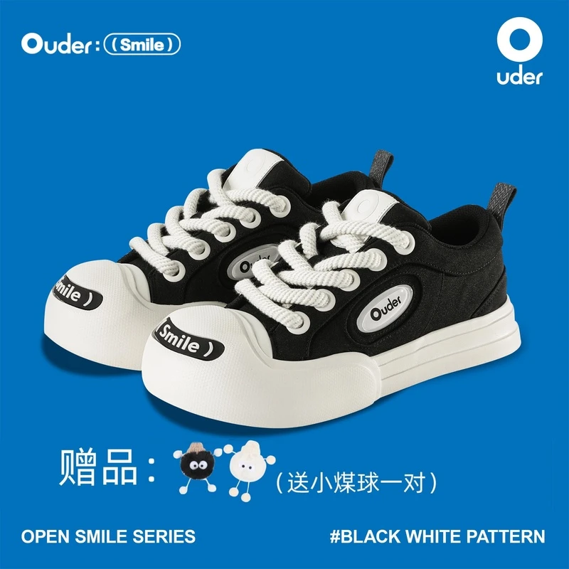 Oudersmiler开口笑大头鞋时尚增高厚底帆布鞋女秋季学生圆头黑白