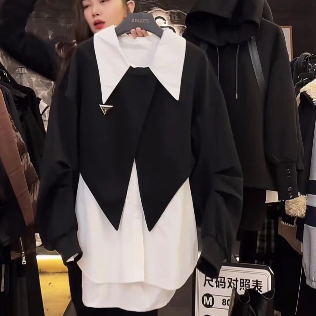 【原创设计师款女装】1-新款polo领黑白撞色衬衫两件套4169#