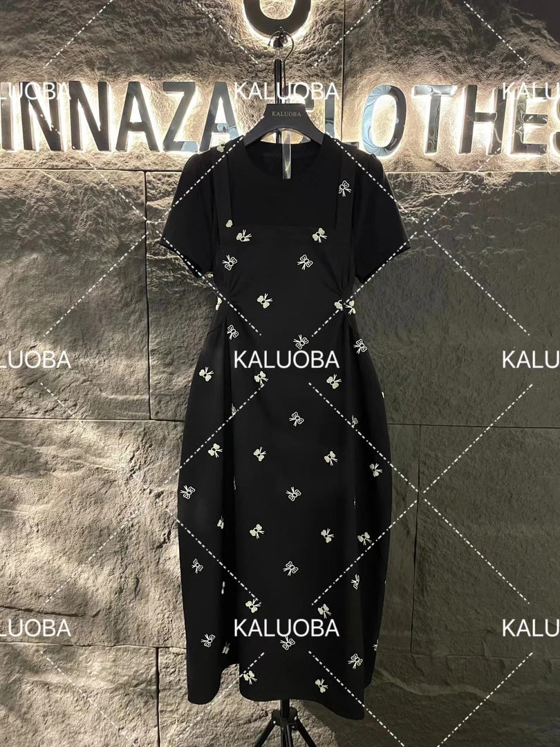 【原创大码设计师款女装】2024假两件蝴蝶结刺绣显瘦连衣长裙5353