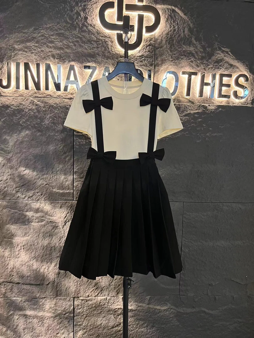 【原创设计师款】2024夏季新款假两件小众蝴蝶结百褶背带4810