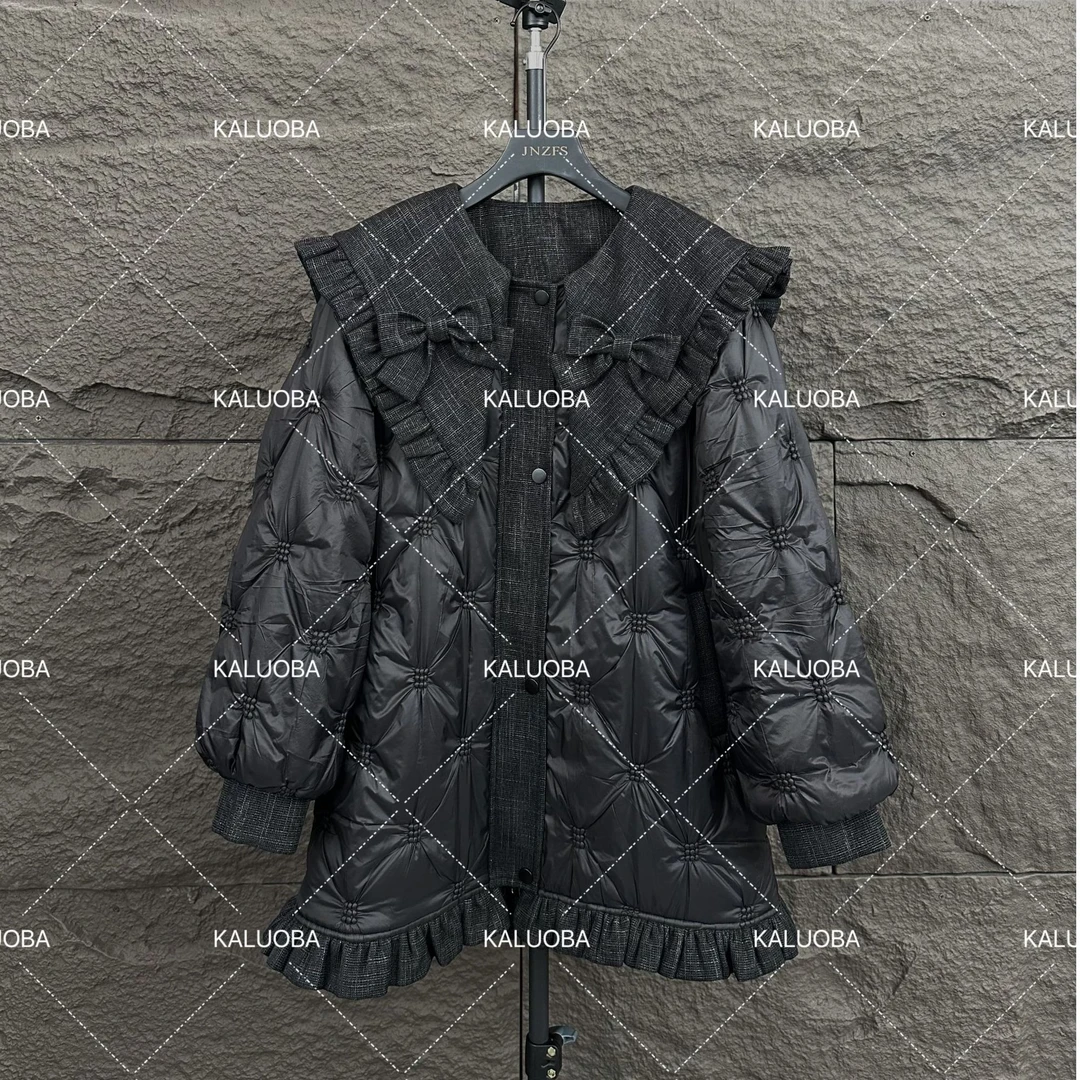 【原创设计师款女装】2024冬季木耳边娃娃领蝴蝶结保暖棉服外套6084