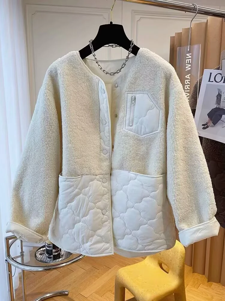 设计感小众宽松圆领拼接外套女大码秋冬夹棉保暖上衣