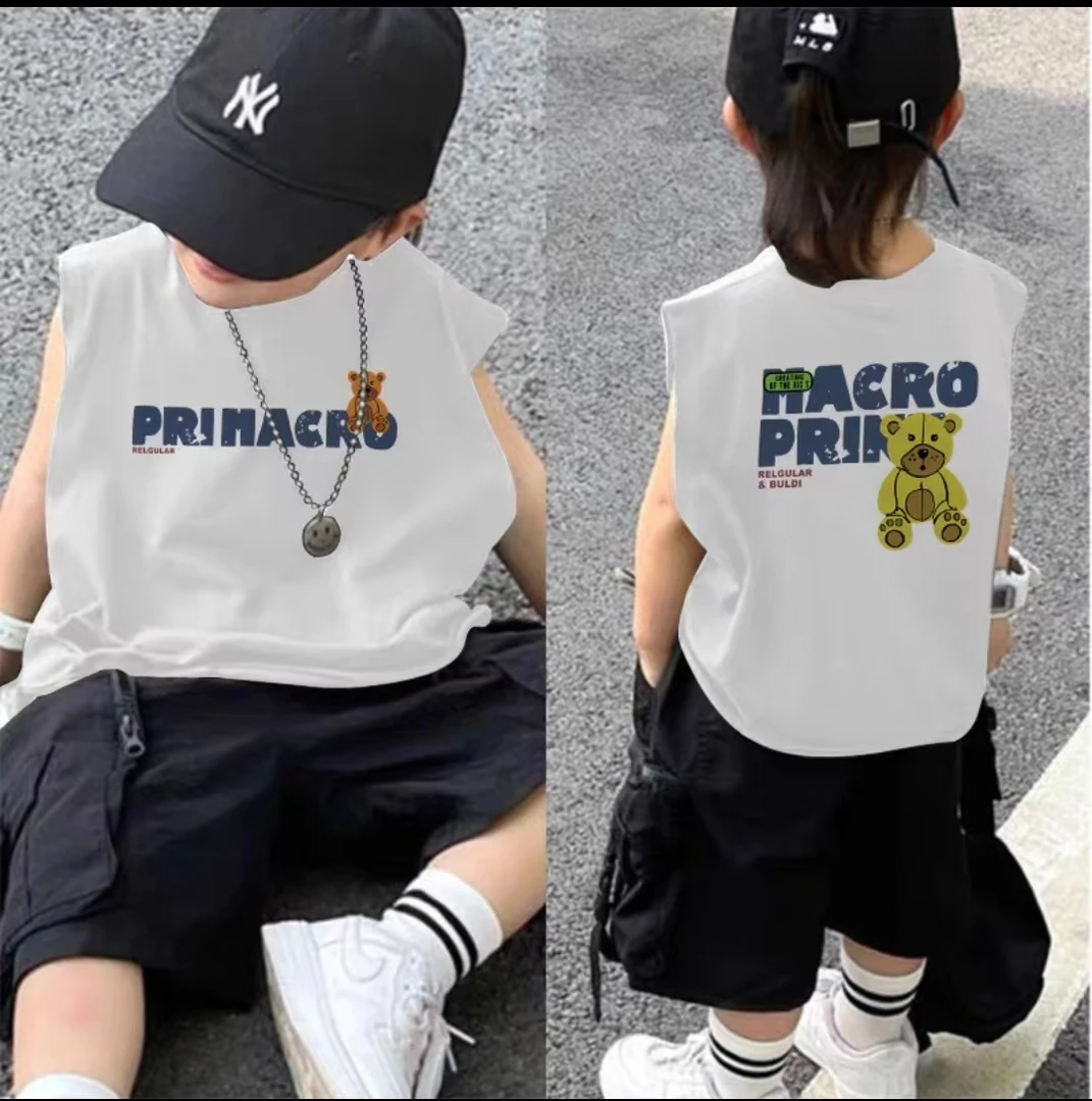 男童新款纯棉背心中大童印花休闲夏装无袖宽松T恤坎肩帅气百搭