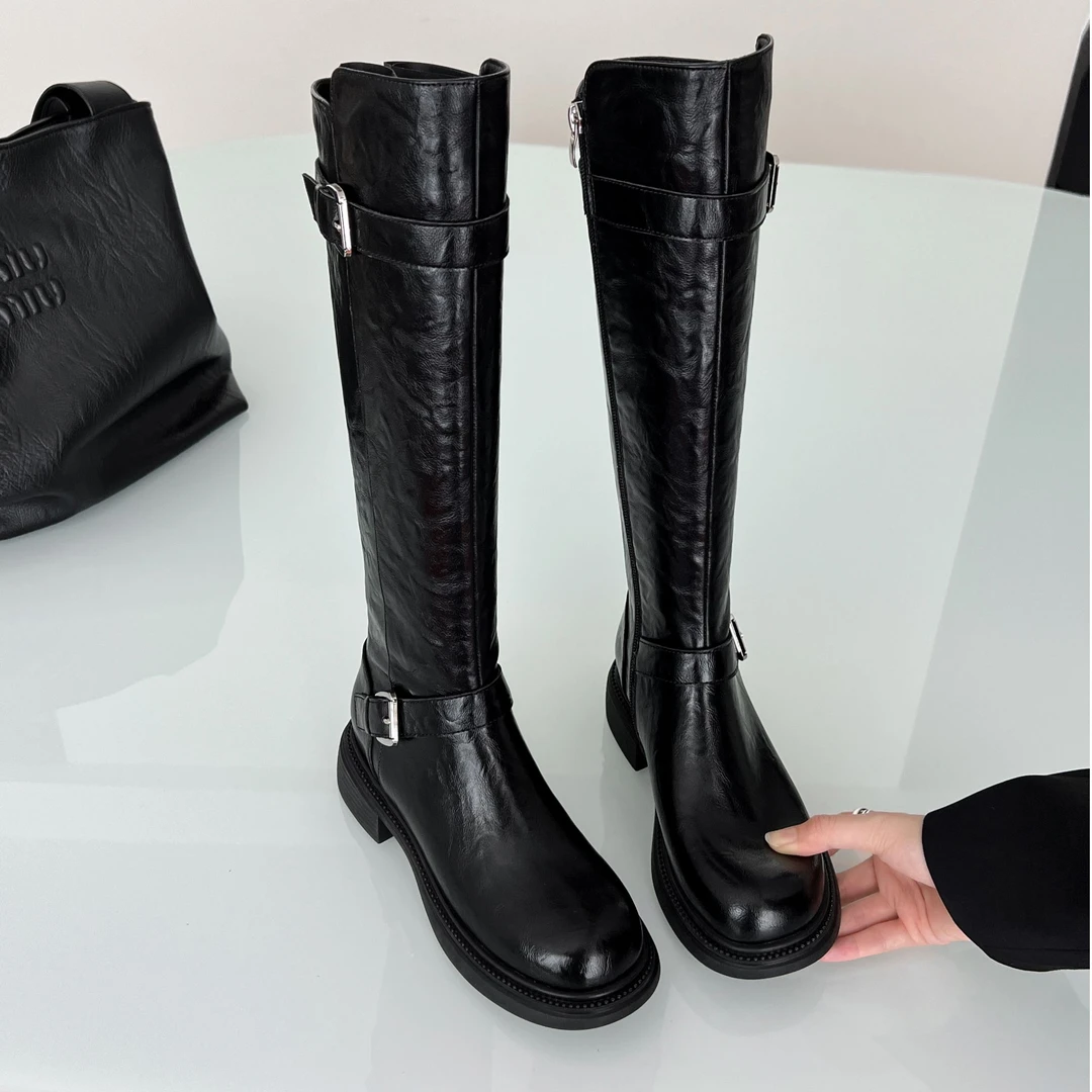 大叔家黑色厚底羊皮骑士长靴2024新款高筒靴子加绒