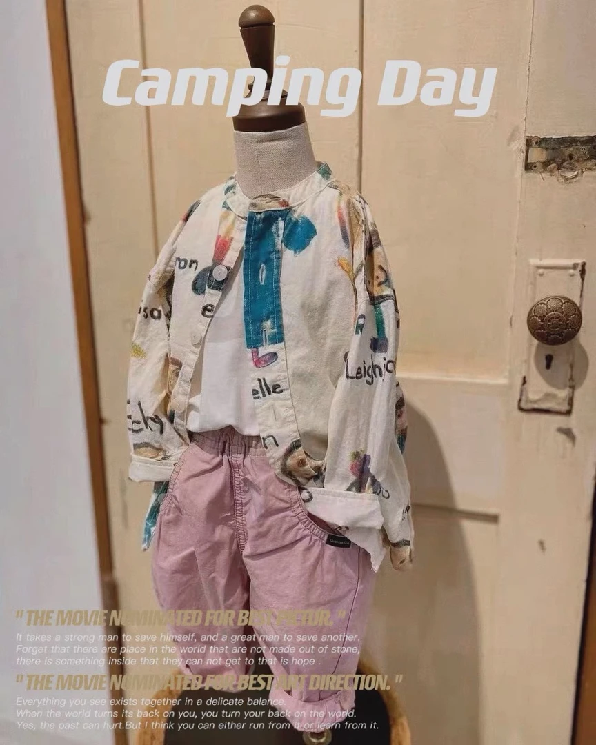 ins男女童DD印花卡通彩绘涂鸦时尚满印童趣薄款短袖儿童衬衫上衣