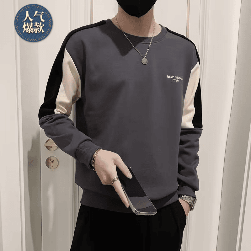 冬季过冬拼接舒适加绒圆领百搭卫衣加厚长袖时尚秋季男上衣时尚