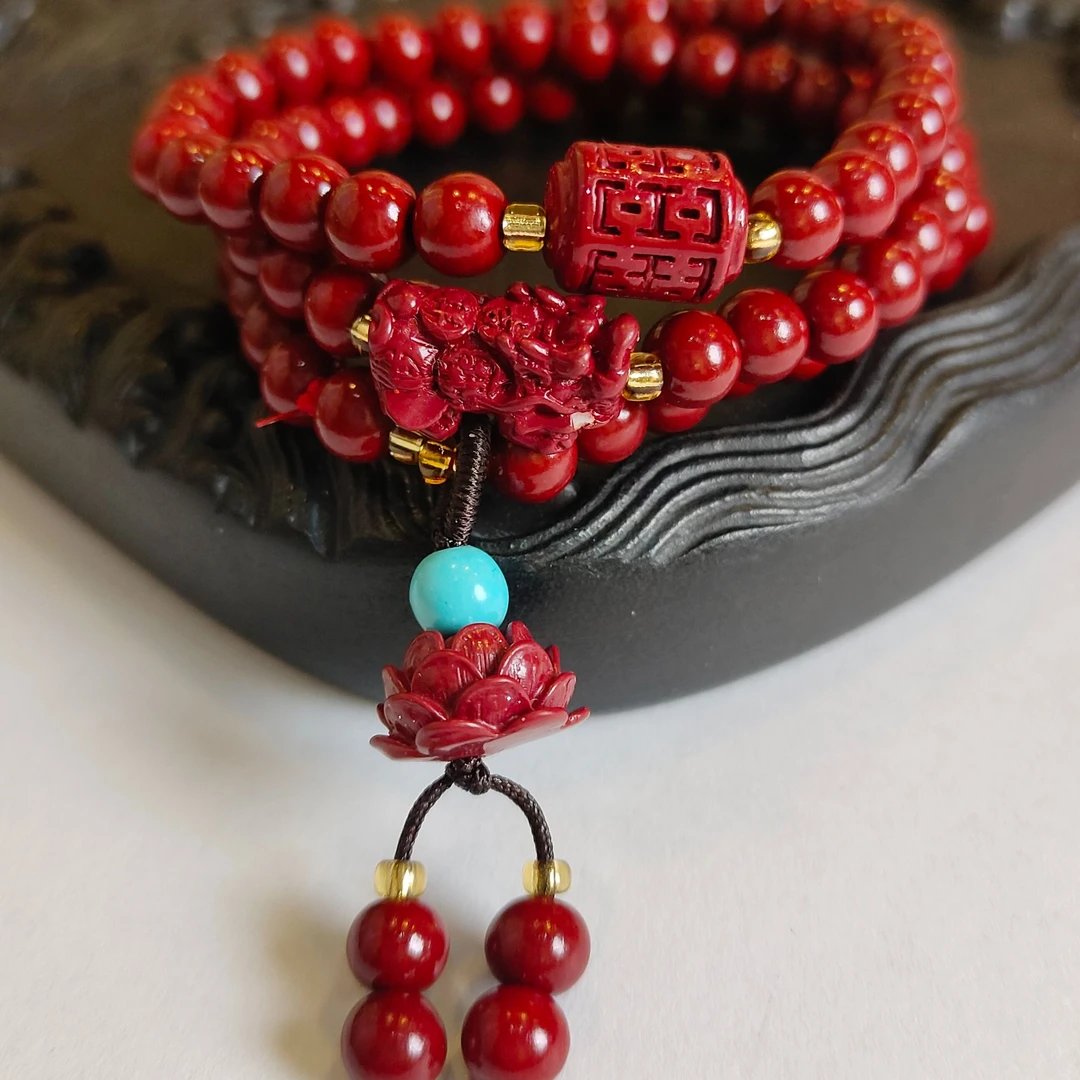 含辰砂工艺品【桃禧玺】朱砂正品貔貅莲花手串三圈